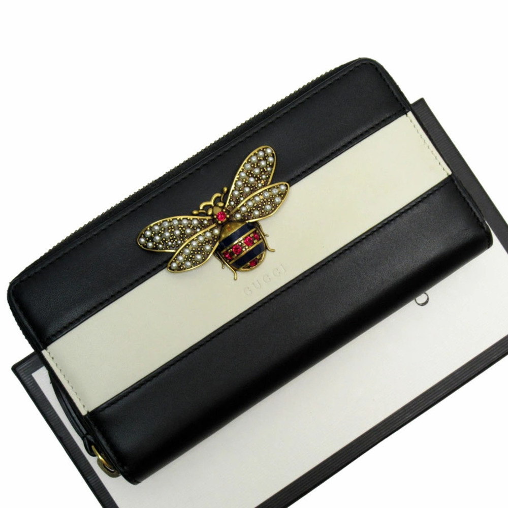 Gucci Queen Margaret Round Zip Long Wallet Leather Black Ivory White